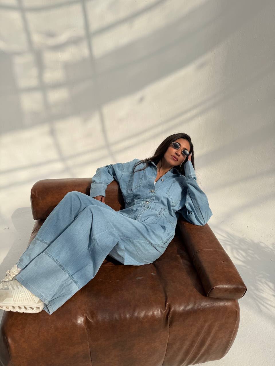 LIGHT WASH DENIM WIDE LEG JUMPSUIT
